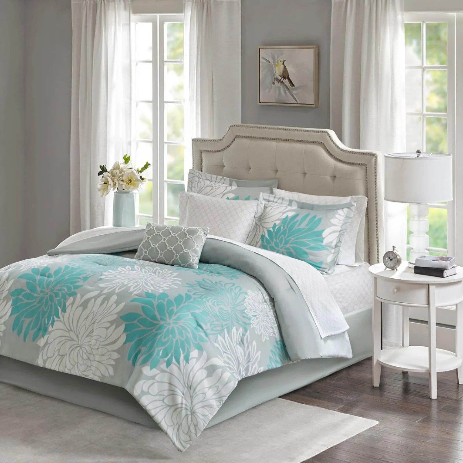 Madison Park Maible Reversible 9-Pc. Comforter Set Floral Aqua Blue Queen