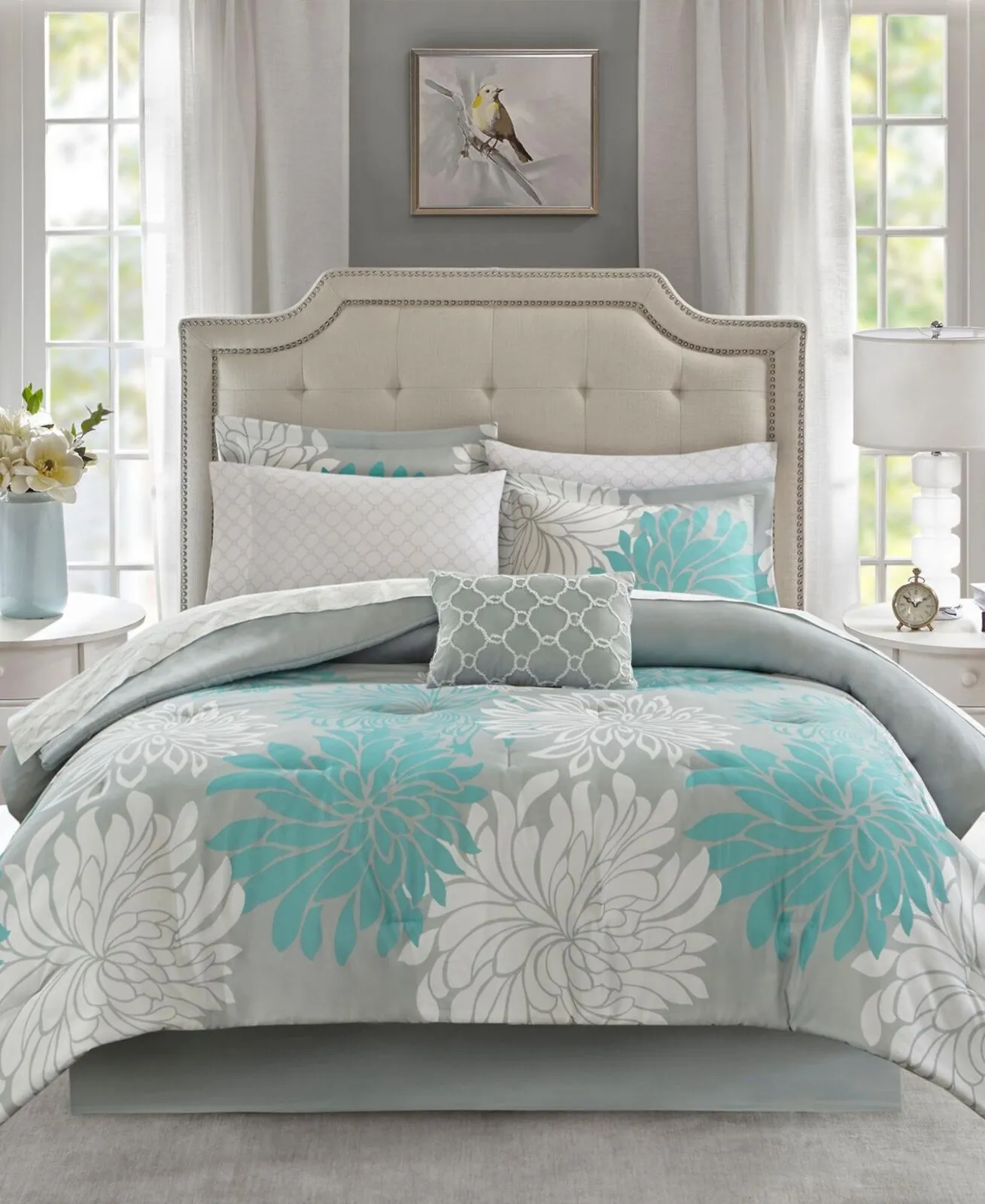 Madison Park Maible Reversible 9-Pc. Comforter Set Floral Aqua Blue Queen