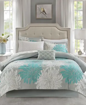 Madison Park Maible Reversible 9-Pc. Comforter Set Floral Aqua Blue Queen
