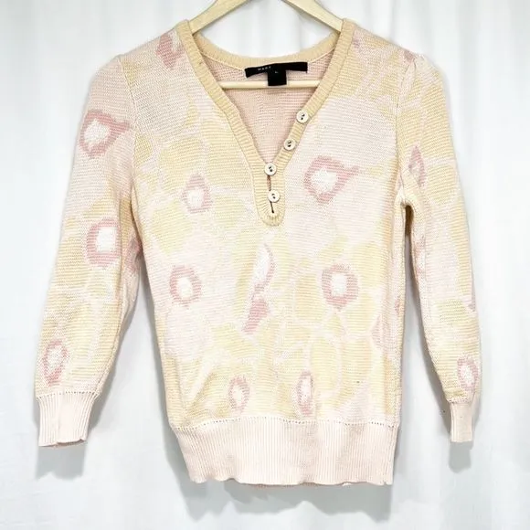 Marc Jacobs Cotton Pastel Pink and Cream Floral 3/4 Sleeve Sweater Large
