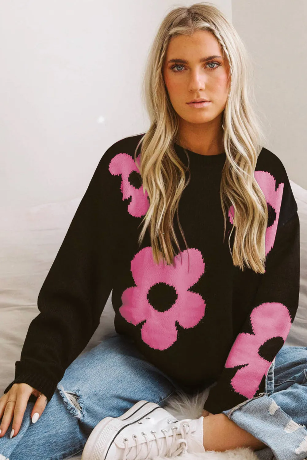Multicolor Big Flower Pattern Knit Sweater