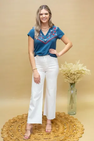 Navy SS Floral Embroid Top
