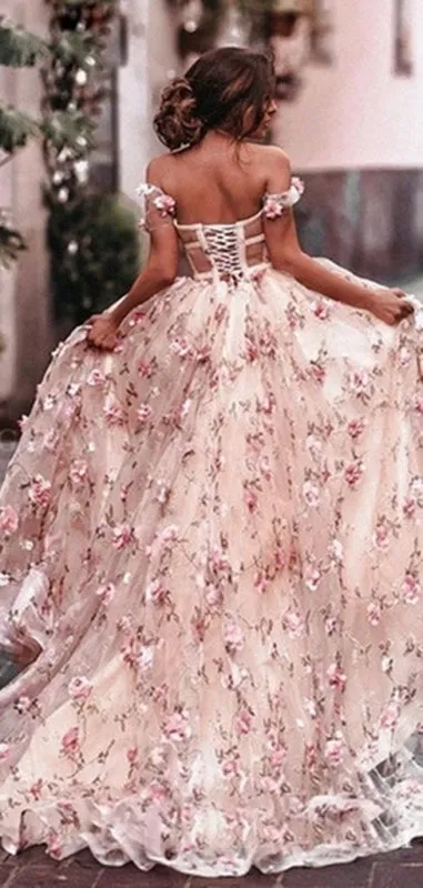Off Shoulder Pink Floral Long Prom, Off the Shoulder Pink Formal, Pink Evening