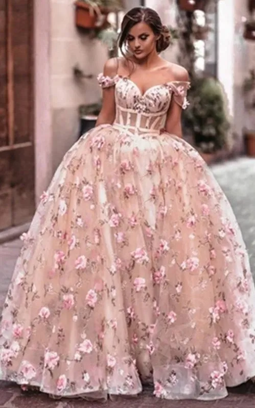 Off Shoulder Pink Floral Long Prom, Off the Shoulder Pink Formal, Pink Evening