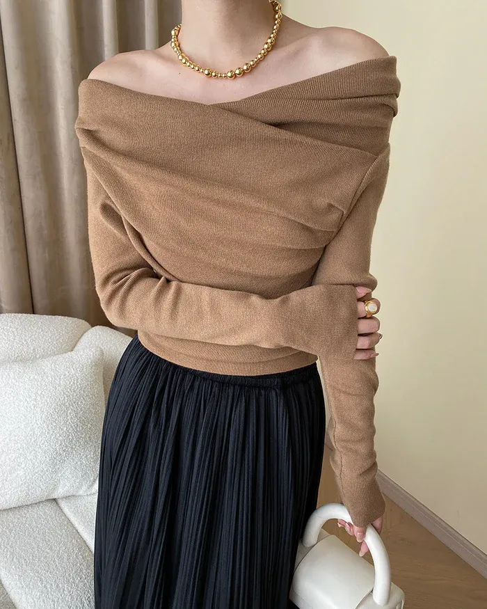 Off Shoulder Wrap Long Sleeve Knit Top