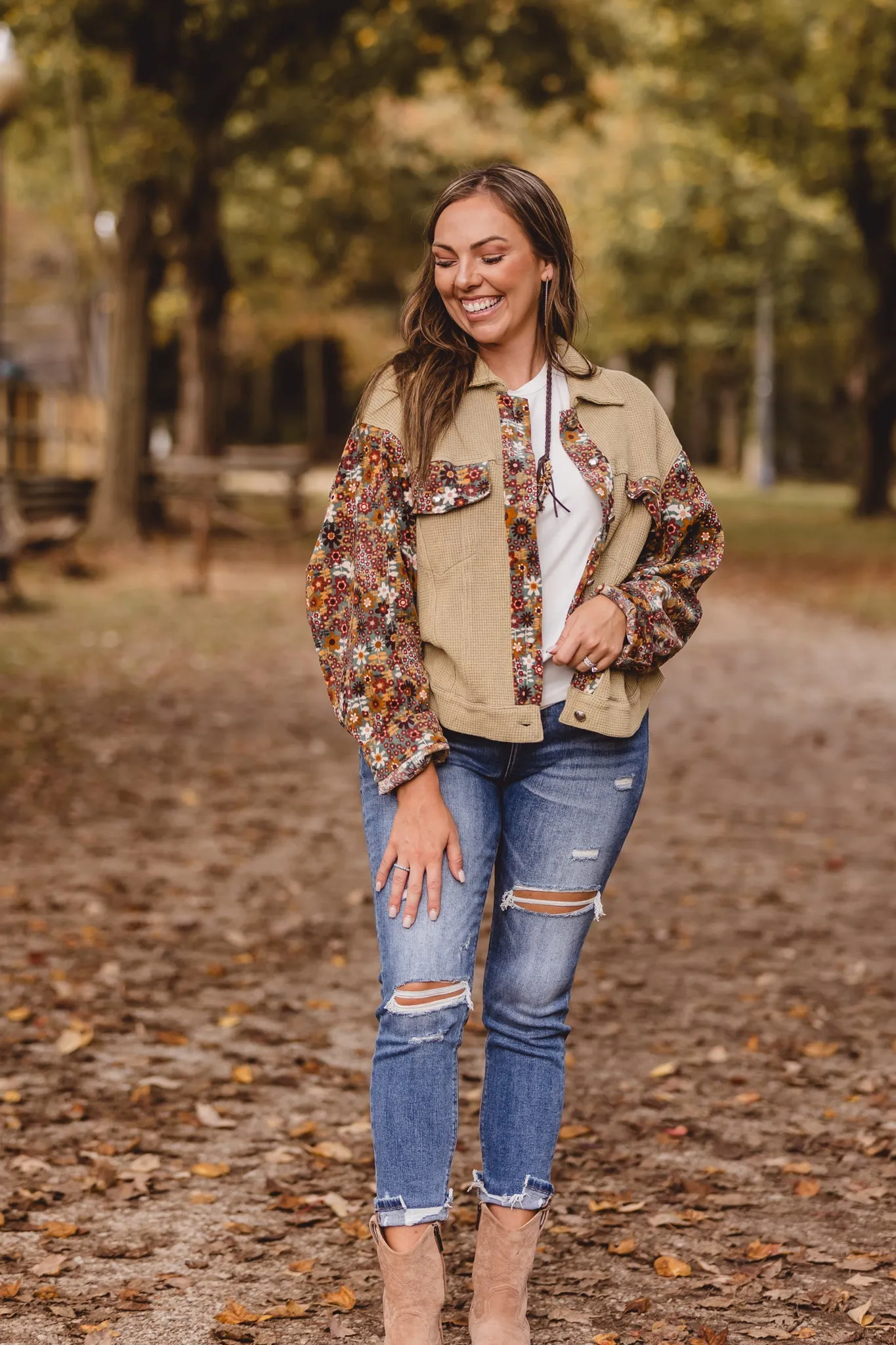 Olive   Blue Floral Waffle Contrast Jacket