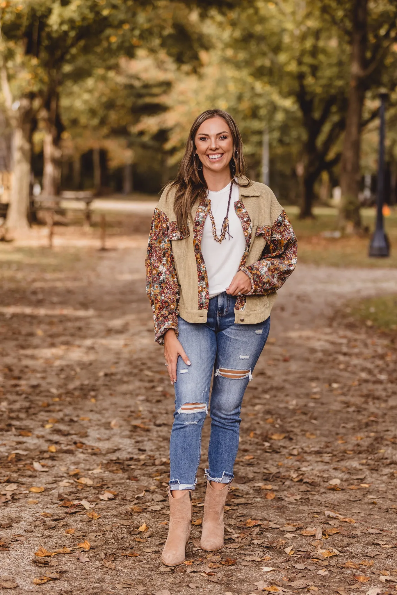 Olive   Blue Floral Waffle Contrast Jacket