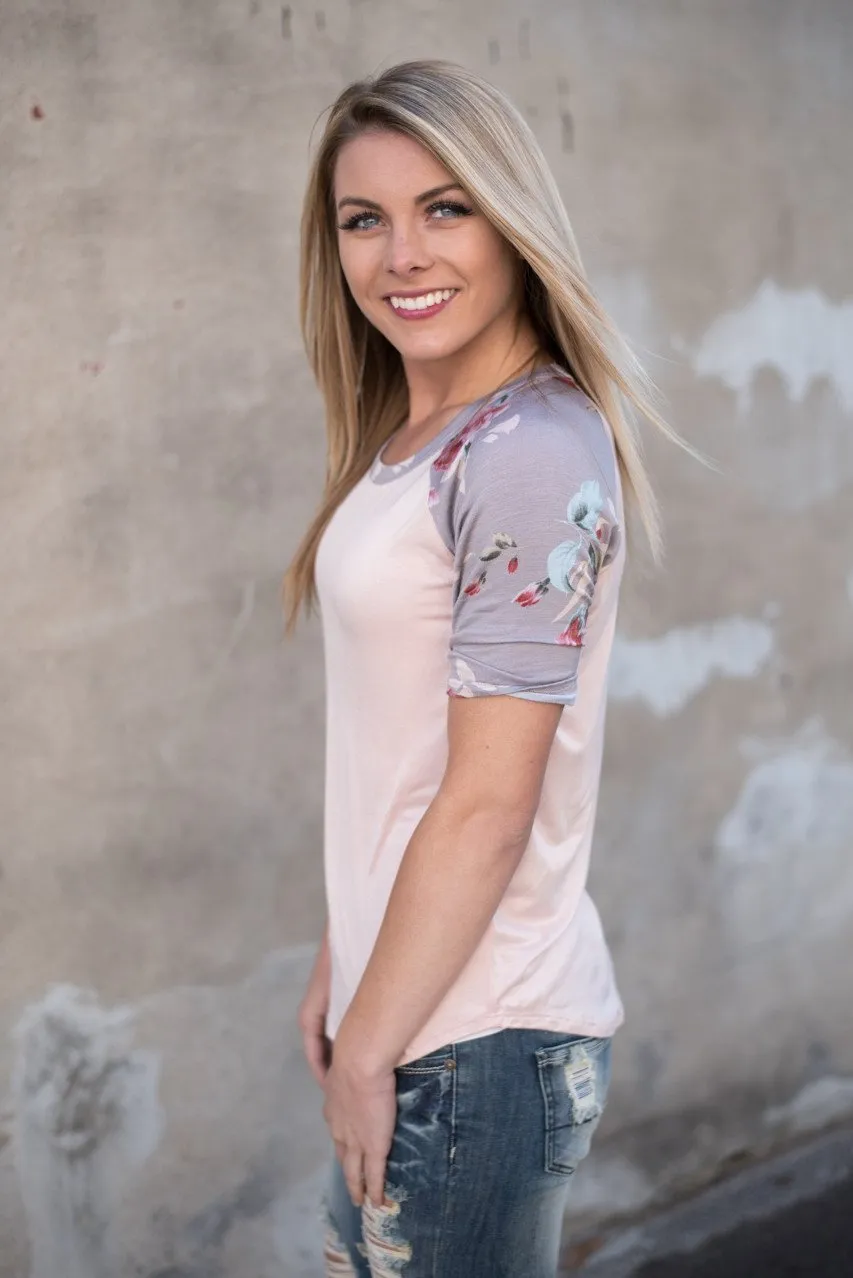 Peach and Grey Floral Sleeve Top