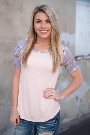 Peach and Grey Floral Sleeve Top