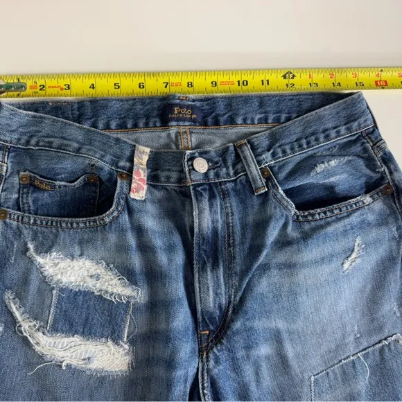 Polo Ralph Lauren Jean Women Avery Boyfriend Patch-Work Blue Distressed Jeans 28