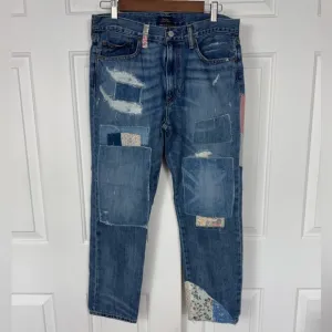 Polo Ralph Lauren Jean Women Avery Boyfriend Patch-Work Blue Distressed Jeans 28