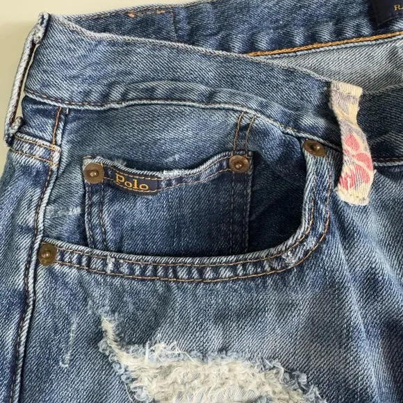 Polo Ralph Lauren Jean Women Avery Boyfriend Patch-Work Blue Distressed Jeans 28