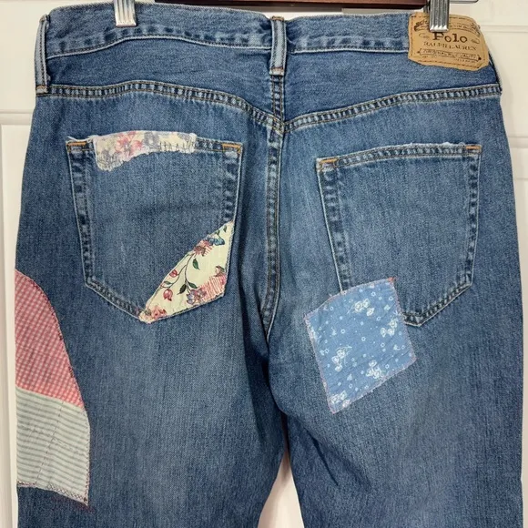 Polo Ralph Lauren Jean Women Avery Boyfriend Patch-Work Blue Distressed Jeans 28