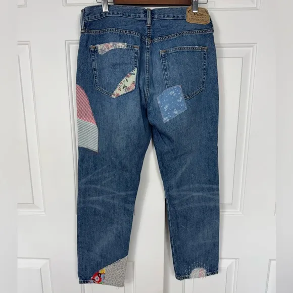 Polo Ralph Lauren Jean Women Avery Boyfriend Patch-Work Blue Distressed Jeans 28