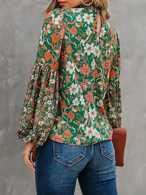 Prettybeautie Floral Puff-Sleeve Blouse