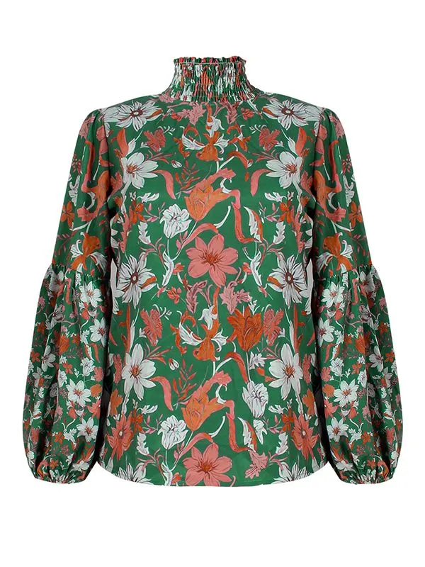 Prettybeautie Floral Puff-Sleeve Blouse