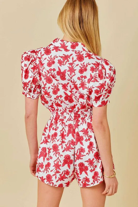 Puff Shoulder Floral Print Romper