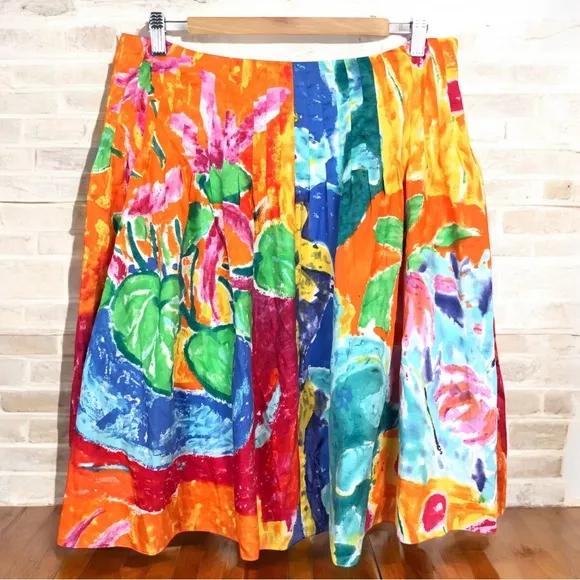 Ralph Lauren Watercolor Floral Pleated High Waisted Cotton Knee Length Skirt