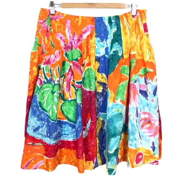 Ralph Lauren Watercolor Floral Pleated High Waisted Cotton Knee Length Skirt