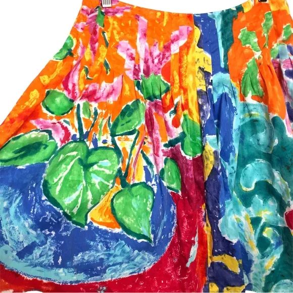 Ralph Lauren Watercolor Floral Pleated High Waisted Cotton Knee Length Skirt
