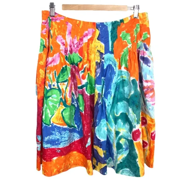 Ralph Lauren Watercolor Floral Pleated High Waisted Cotton Knee Length Skirt