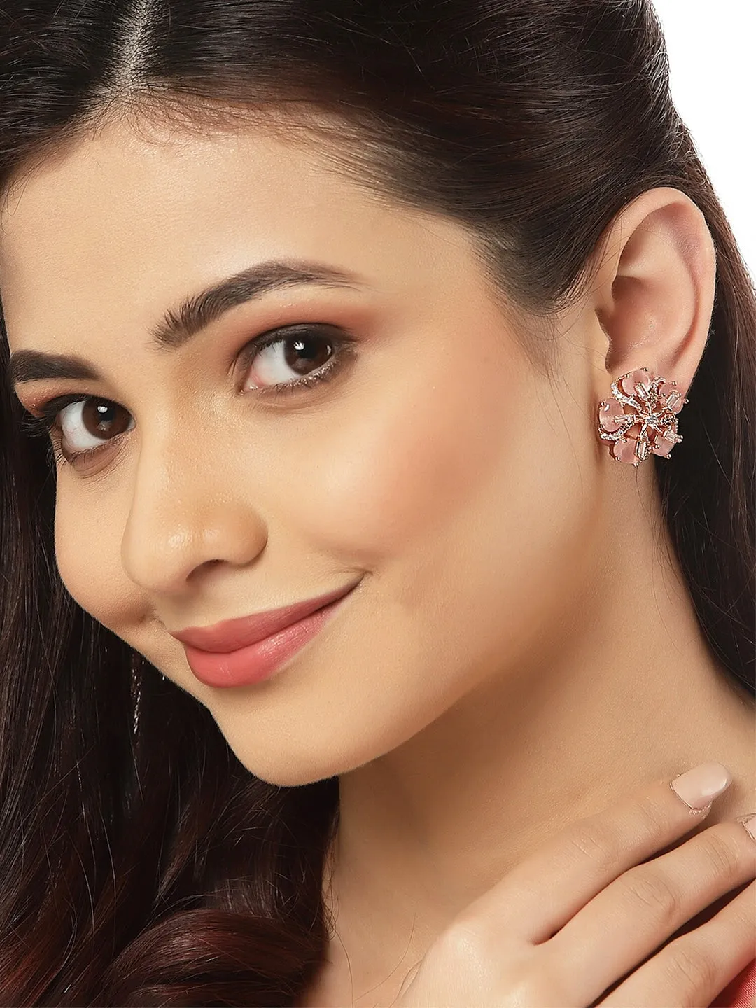 Rose Gold Plated Pink Floral Studs Earrings