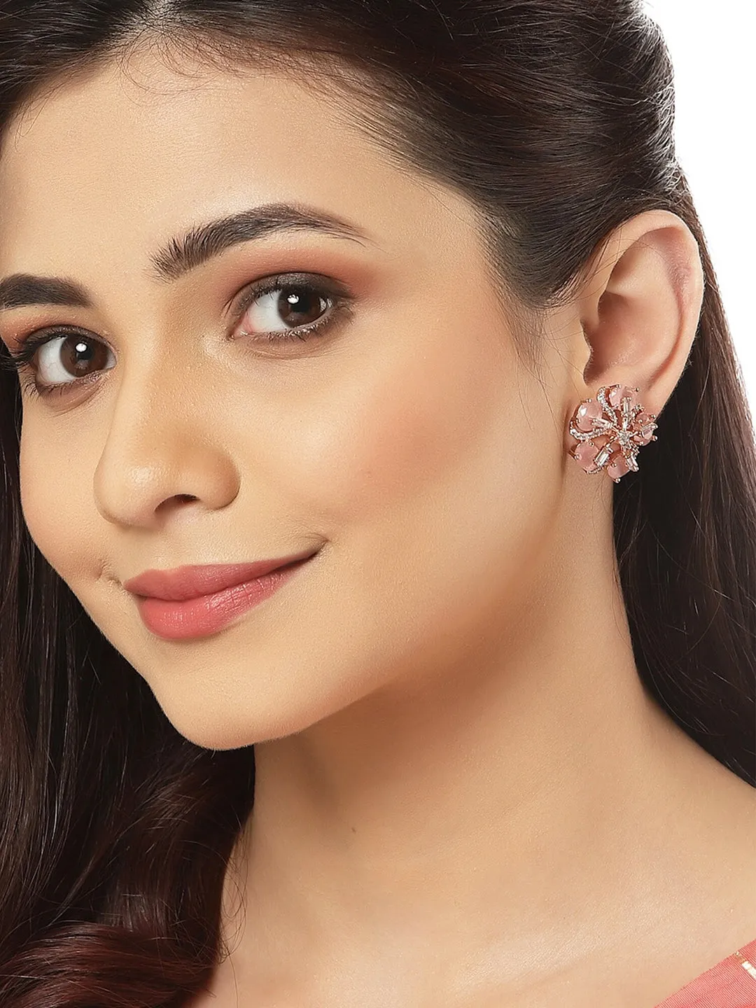 Rose Gold Plated Pink Floral Studs Earrings
