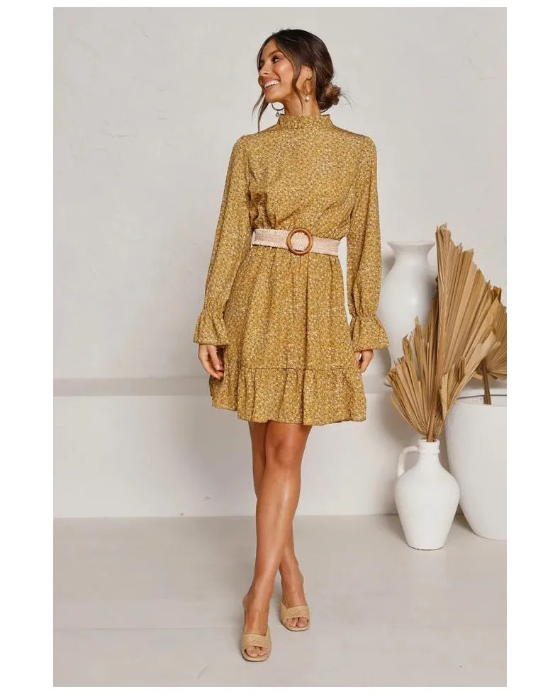 Round Neck Ruffles Floral Long Sleeves Mini Dresses
