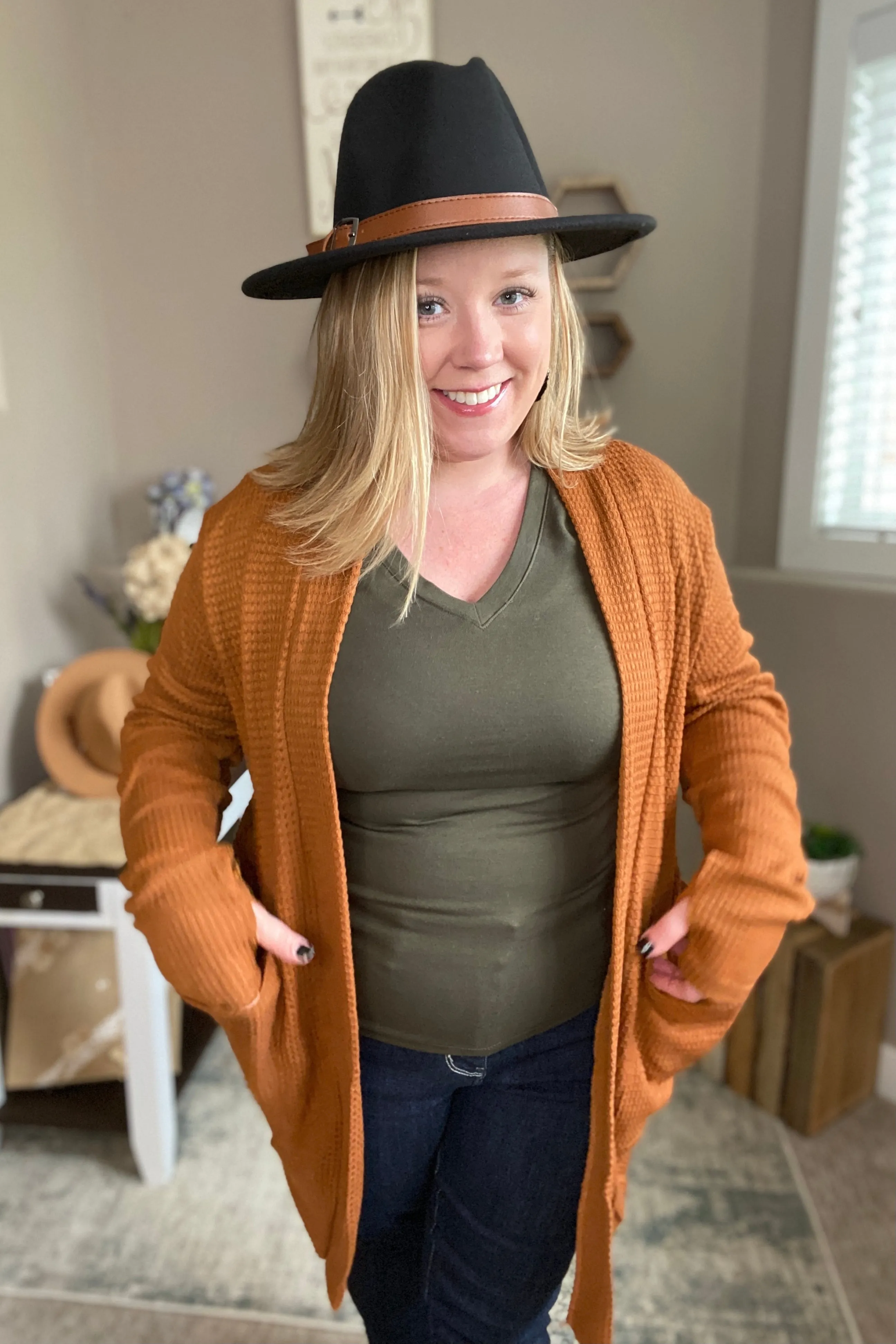 Toffee Waffle Knit Thumbhole Cardigan