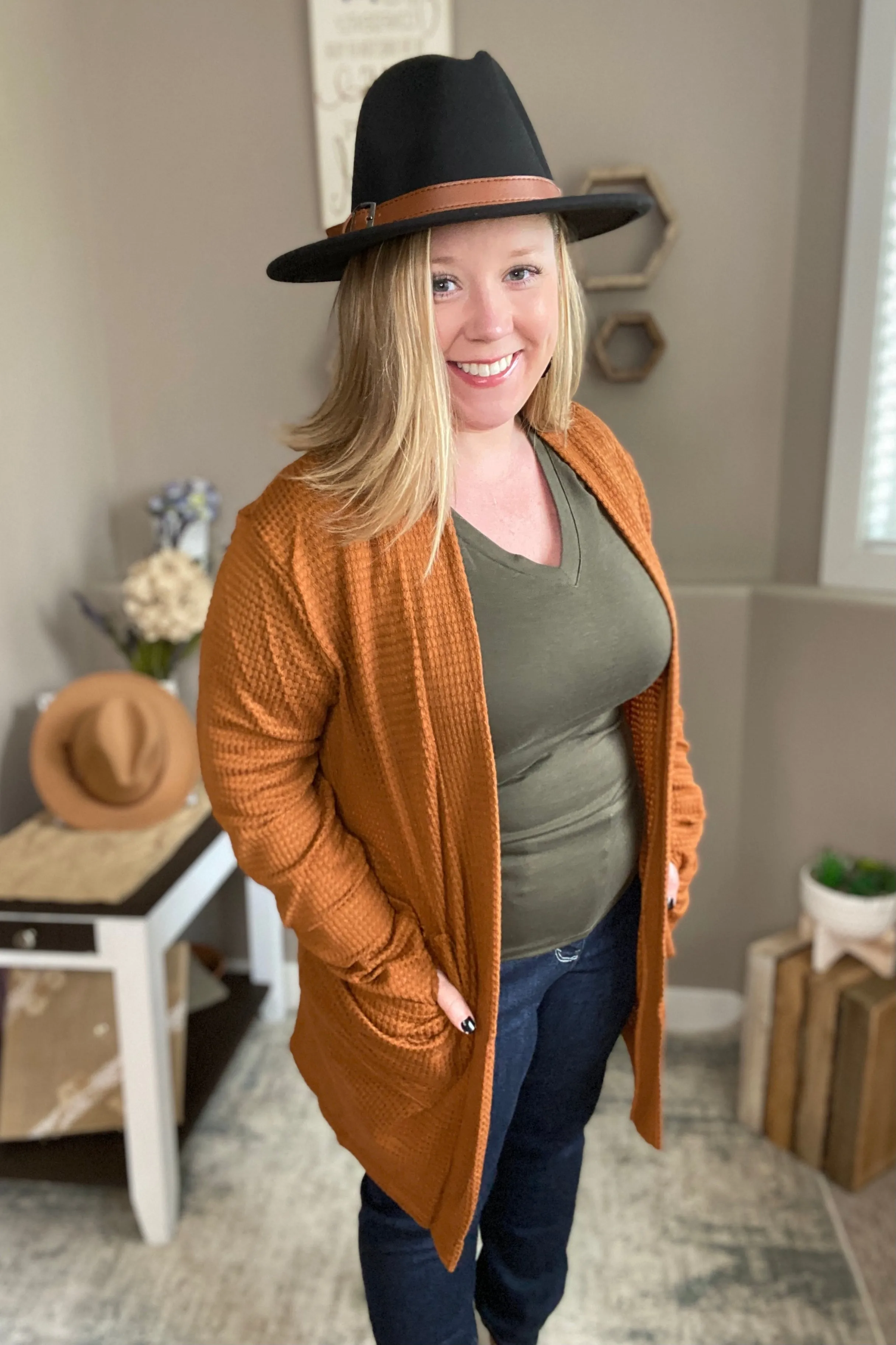 Toffee Waffle Knit Thumbhole Cardigan