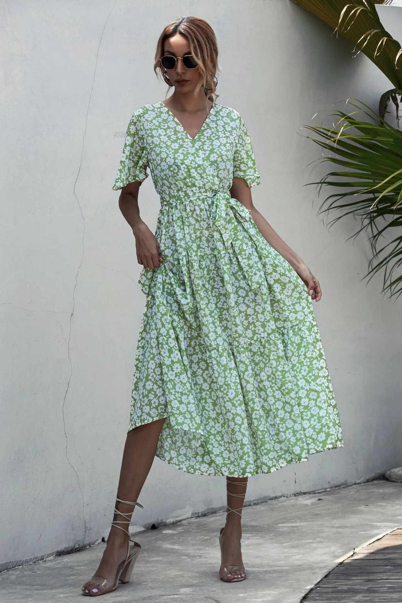 V-neck Belt Polka Dot Floral Maxi Dresses