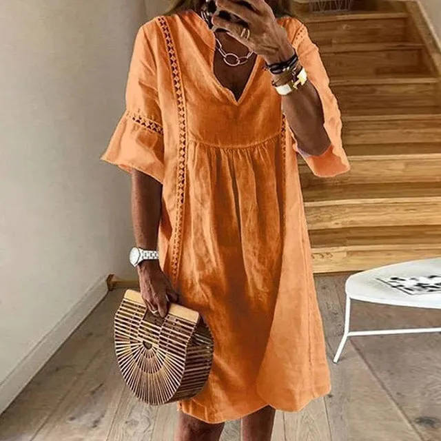 VIEUNSTA Women Sexy Hollow Out V-neck Mini Dress Summer Floral Print Patchwork Party Dress Female Half Sleeve Casual Beach Dress