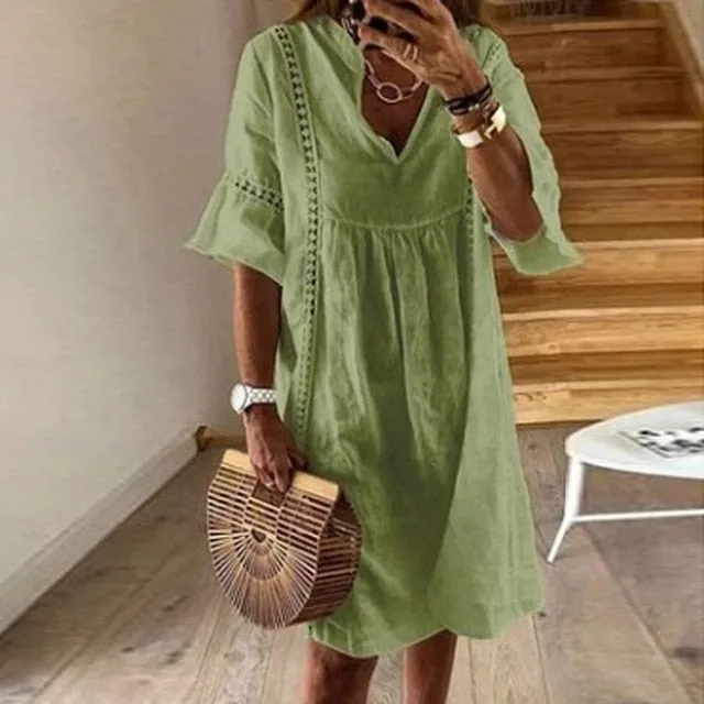 VIEUNSTA Women Sexy Hollow Out V-neck Mini Dress Summer Floral Print Patchwork Party Dress Female Half Sleeve Casual Beach Dress