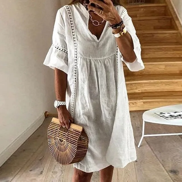 VIEUNSTA Women Sexy Hollow Out V-neck Mini Dress Summer Floral Print Patchwork Party Dress Female Half Sleeve Casual Beach Dress