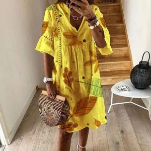 VIEUNSTA Women Sexy Hollow Out V-neck Mini Dress Summer Floral Print Patchwork Party Dress Female Half Sleeve Casual Beach Dress