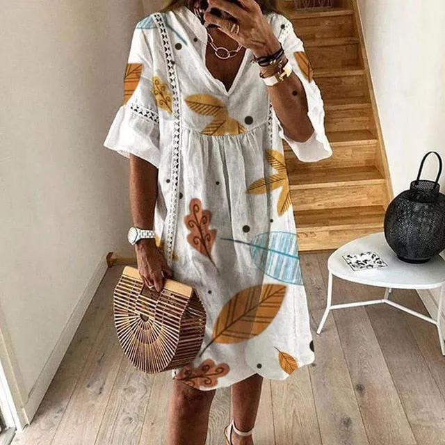 VIEUNSTA Women Sexy Hollow Out V-neck Mini Dress Summer Floral Print Patchwork Party Dress Female Half Sleeve Casual Beach Dress