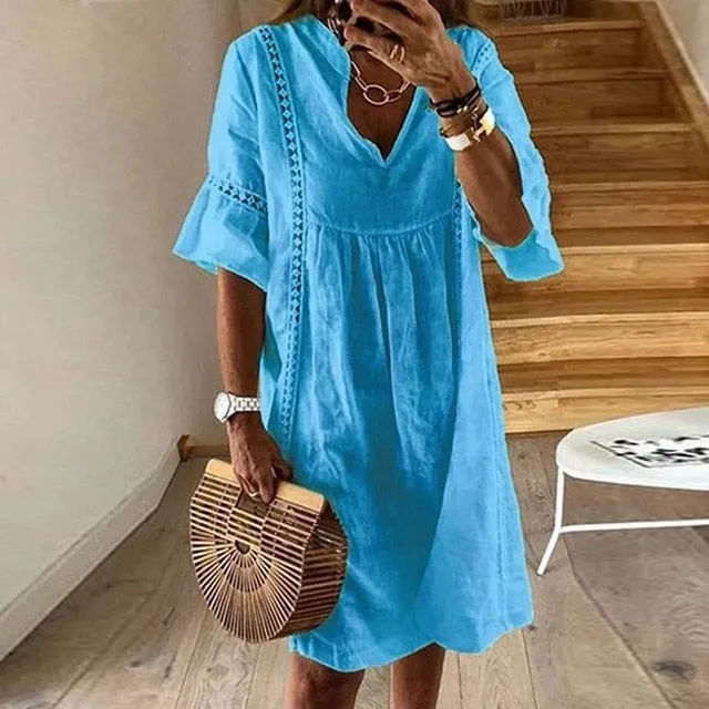 VIEUNSTA Women Sexy Hollow Out V-neck Mini Dress Summer Floral Print Patchwork Party Dress Female Half Sleeve Casual Beach Dress