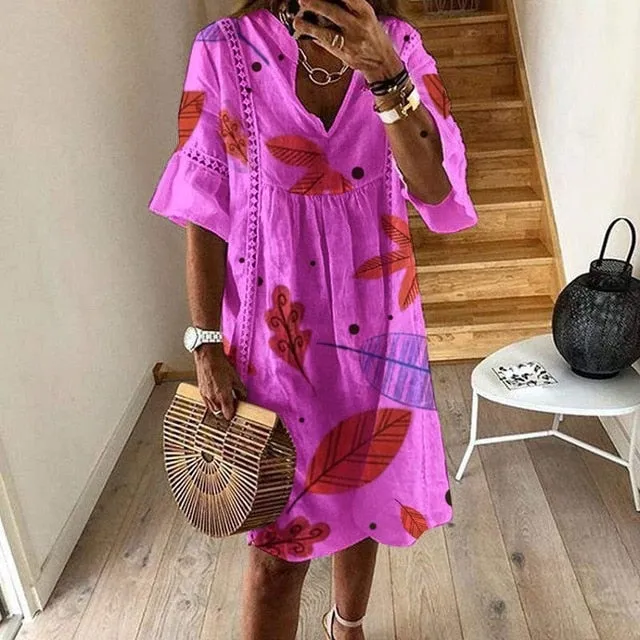 VIEUNSTA Women Sexy Hollow Out V-neck Mini Dress Summer Floral Print Patchwork Party Dress Female Half Sleeve Casual Beach Dress