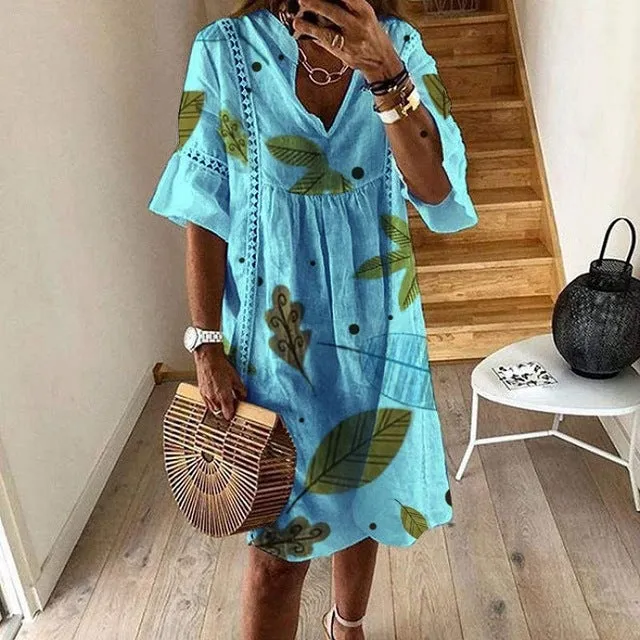 VIEUNSTA Women Sexy Hollow Out V-neck Mini Dress Summer Floral Print Patchwork Party Dress Female Half Sleeve Casual Beach Dress