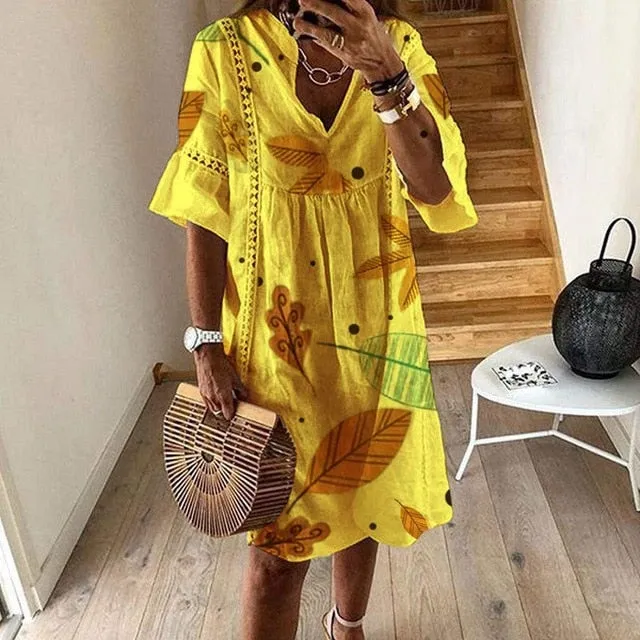 VIEUNSTA Women Sexy Hollow Out V-neck Mini Dress Summer Floral Print Patchwork Party Dress Female Half Sleeve Casual Beach Dress