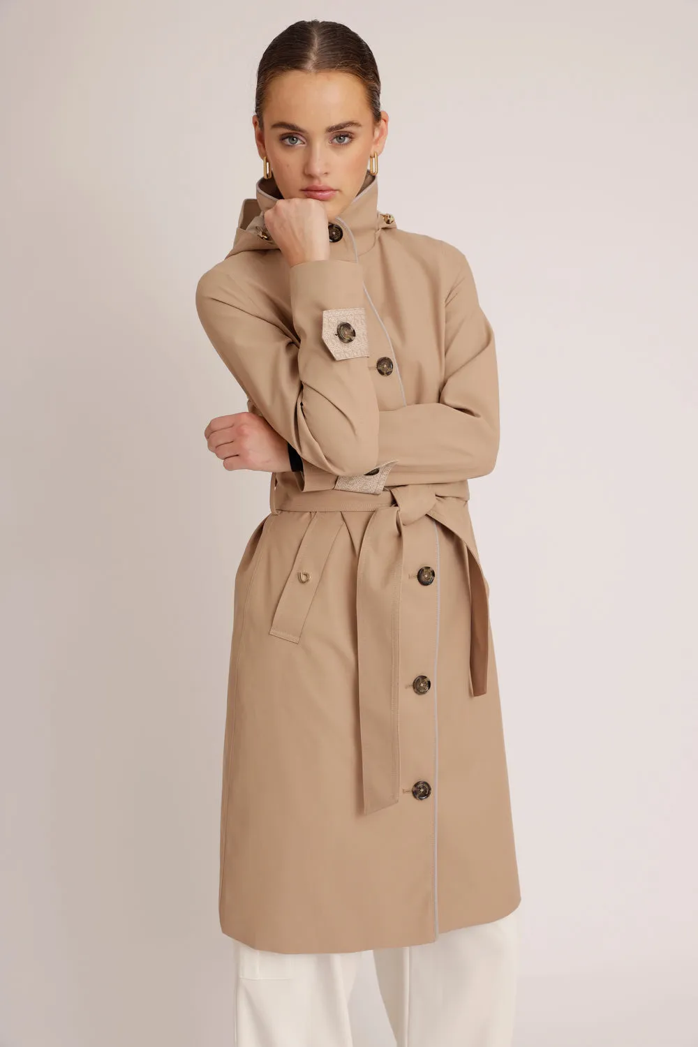 Waterproof Straight Fit Waistbelt Raincoat | Beige Matte
