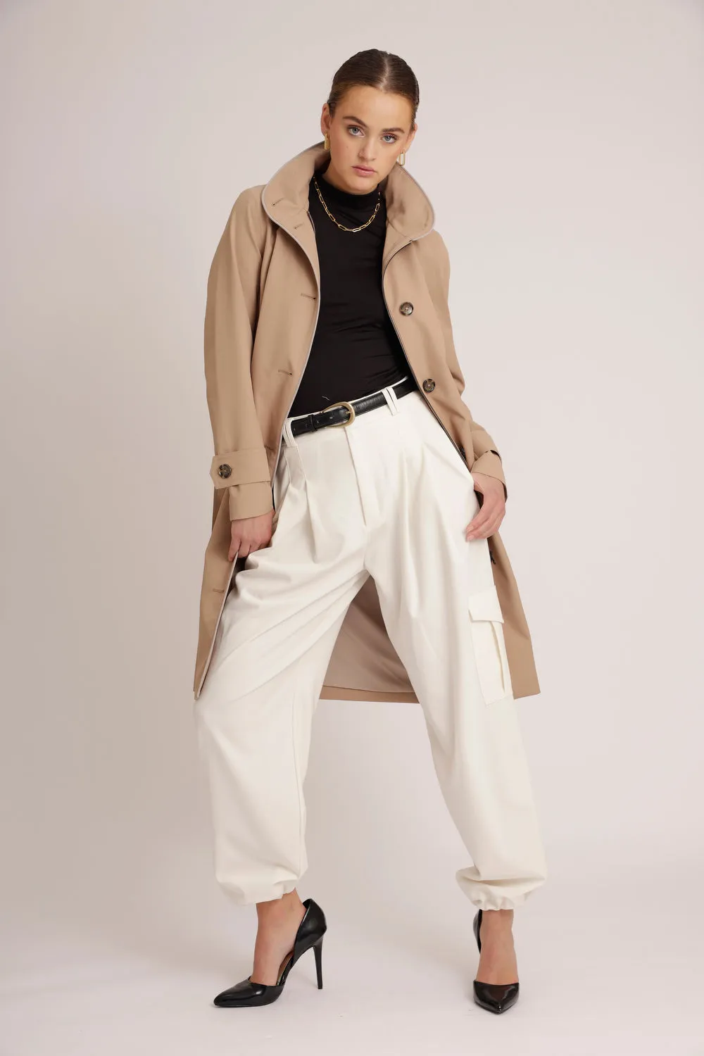 Waterproof Straight Fit Waistbelt Raincoat | Beige Matte