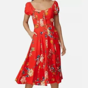 Yumi Kim Mercer Street Floral Red Midi Dress Medium Pockets Button Down